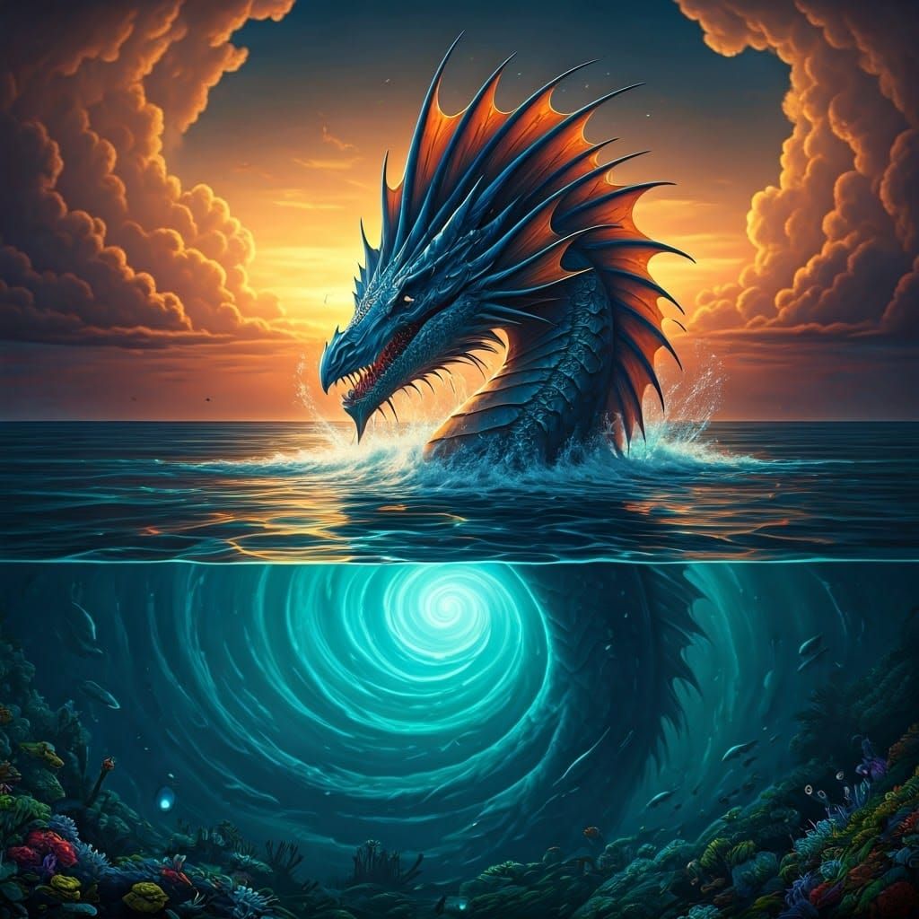 Surreal Sea Monster Ascends from Turquoise Depths in Vibrant...