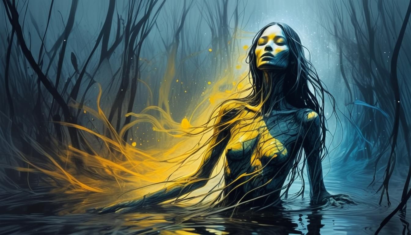 Ethereal Woman Emerges from Enchanted Swamp in Dreamlike, Su...