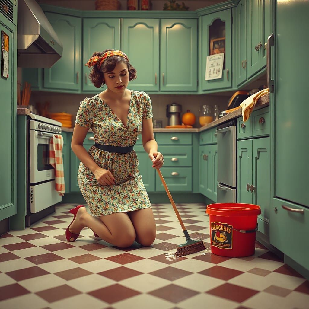 1950s Housewife Scrubbing Kitchen Floor, Retro-Futuristic St...