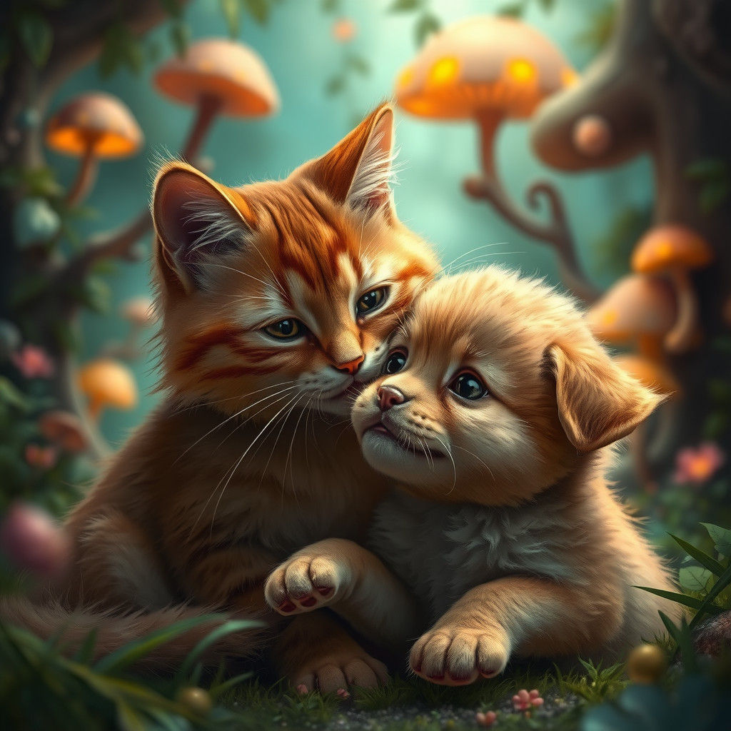 Cat Comforts Pup in Dreamlike Fantasy Art