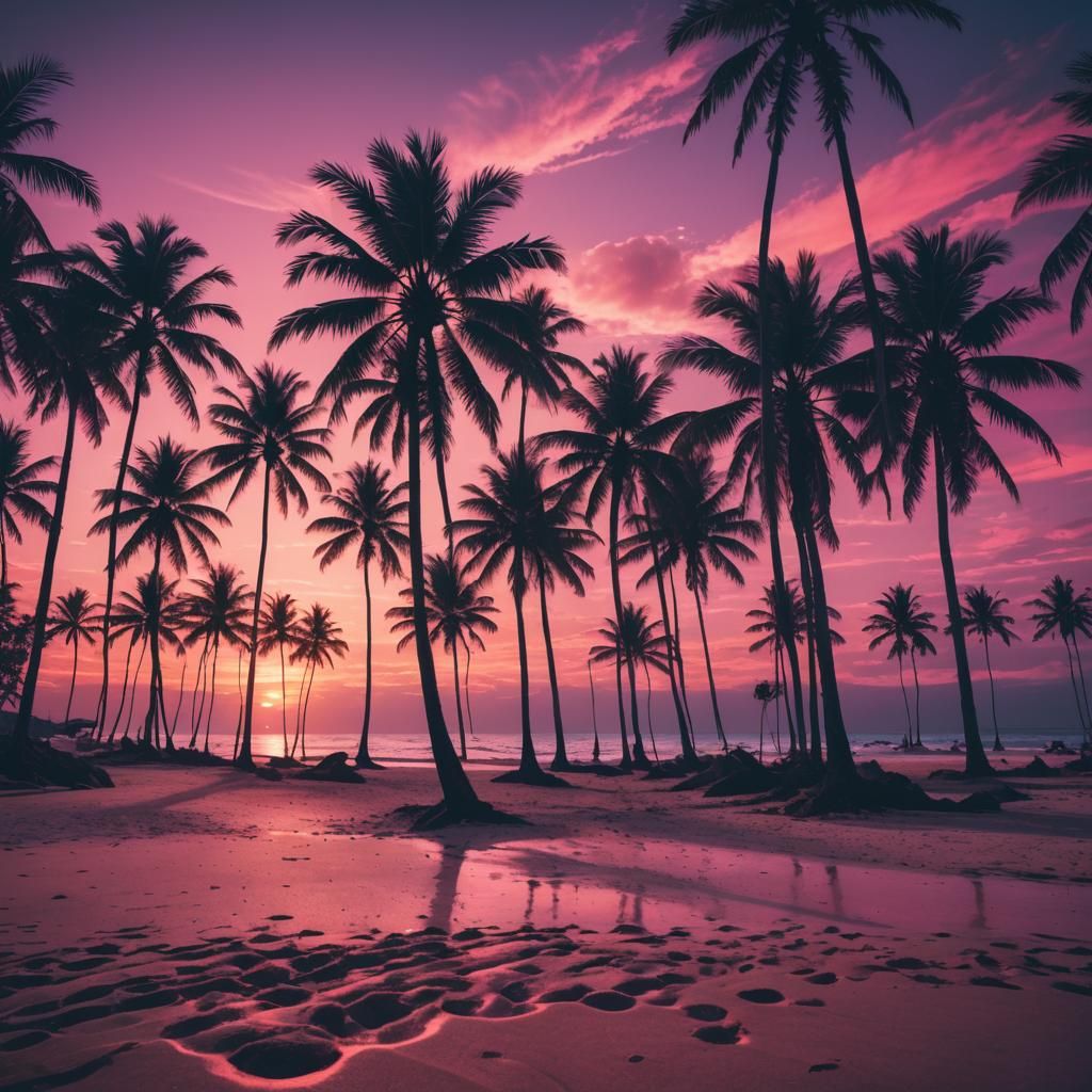 Synthwave Sunset Beach with Palm Trees