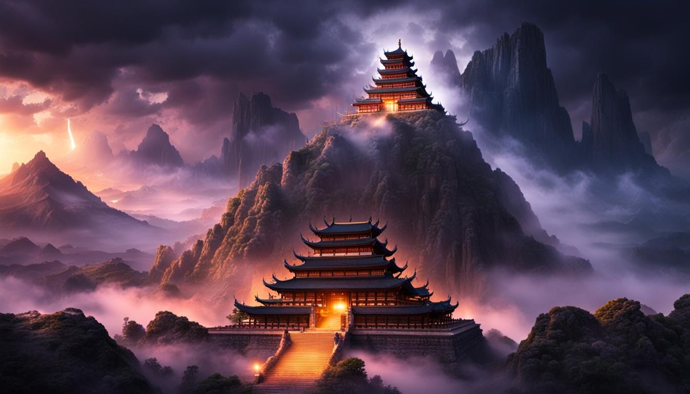 Ancient Chinese Temple in Mountain Cloudscape