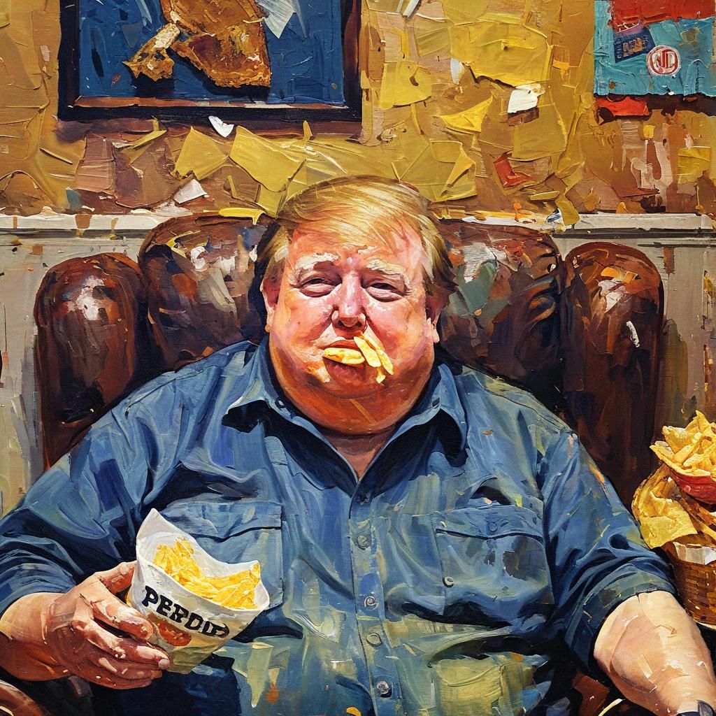 Impressionist Painting of a Man Eating Chips