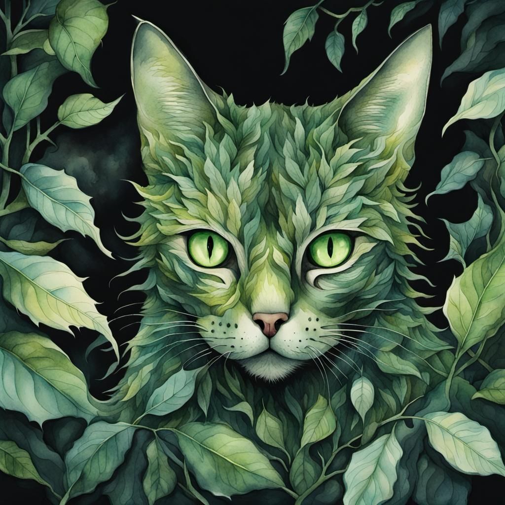 Leaf Cat Watercolor Illustration in Dark Fantasy Style