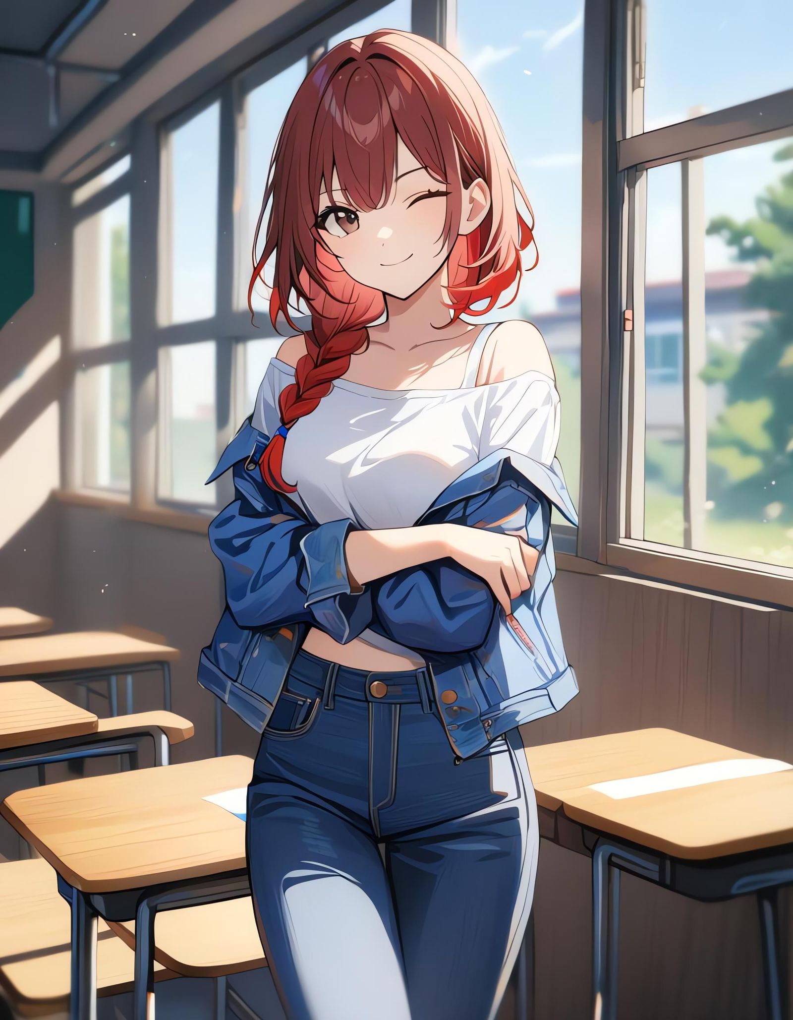 Girl with Red Hair in Denim Jacket