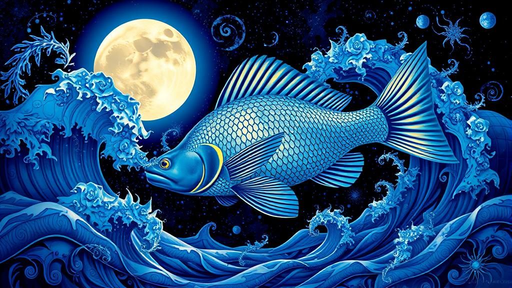 Glowing Fish on Full Moon in Art-Nouveau Style
