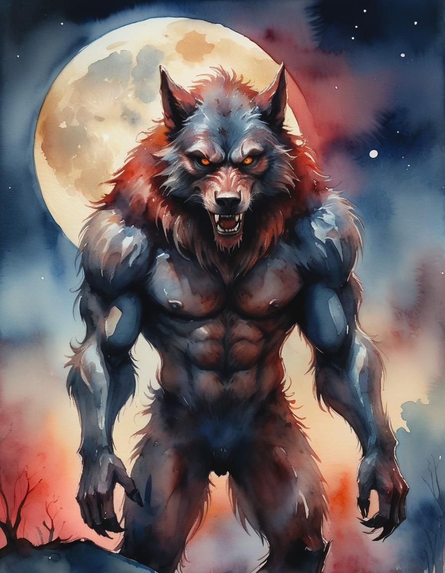 Werewolf Under Moon in Wet-on-Wet Watercolour