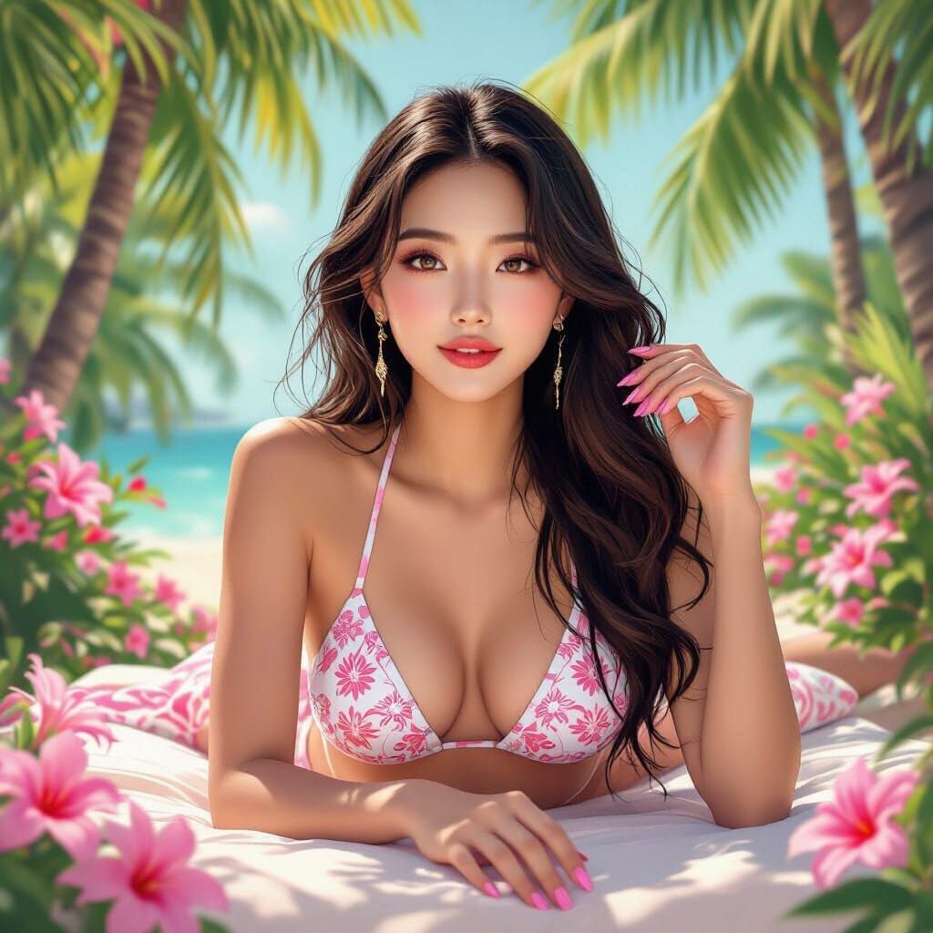 Serene Korean Woman in Tropical Summer Setting