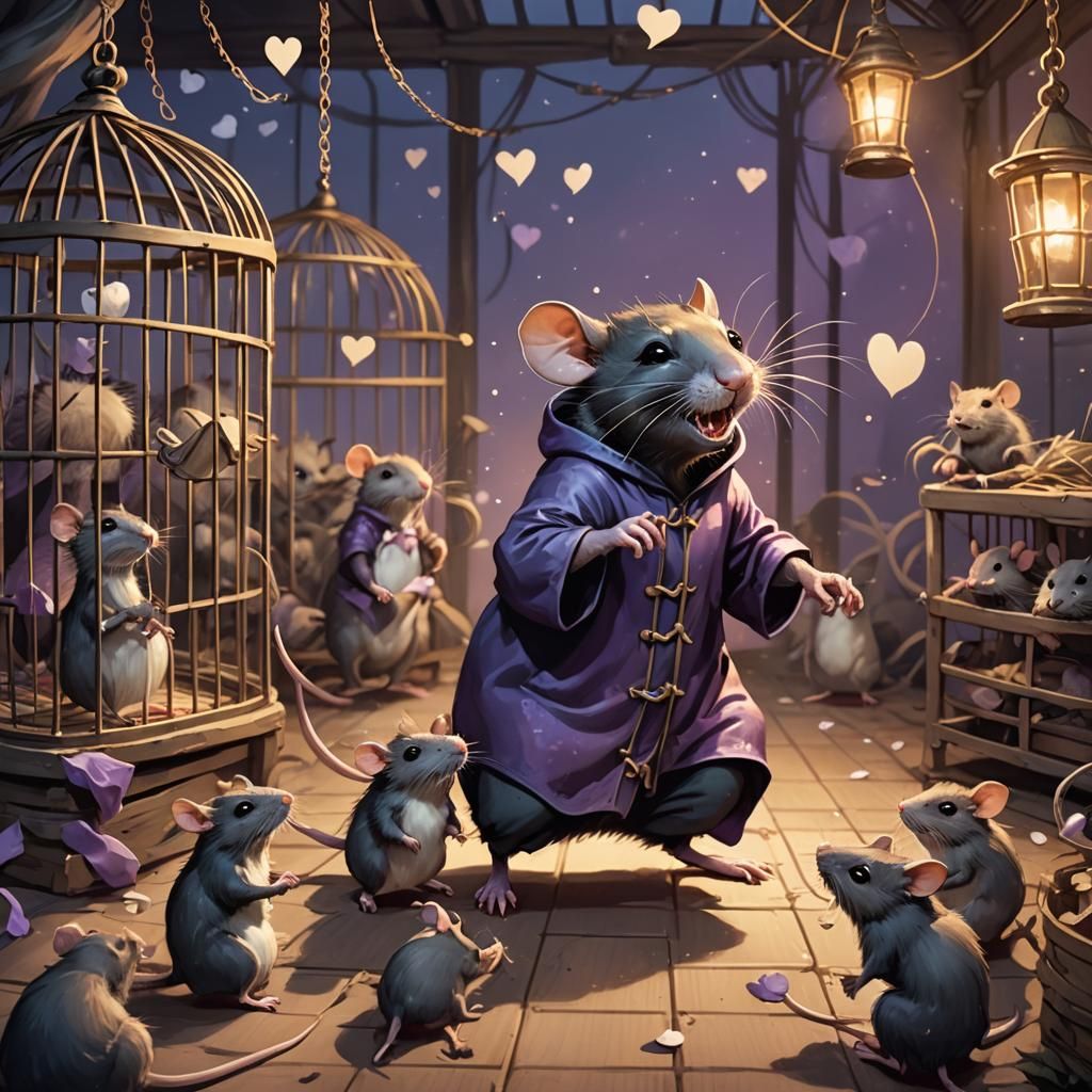 Dancing Rat in Cage: Whimsical Fantasy Illustration