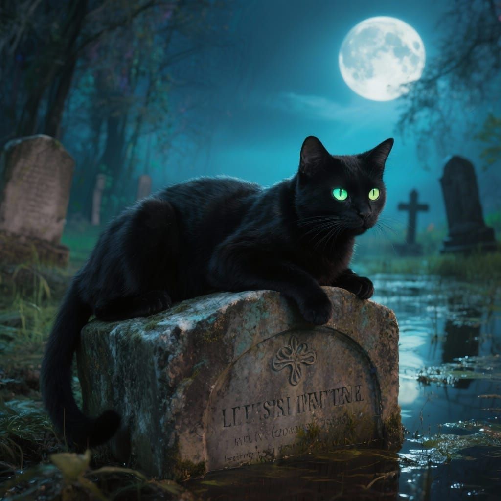 Black Cat on Gravestone in Abandoned Cemetery
