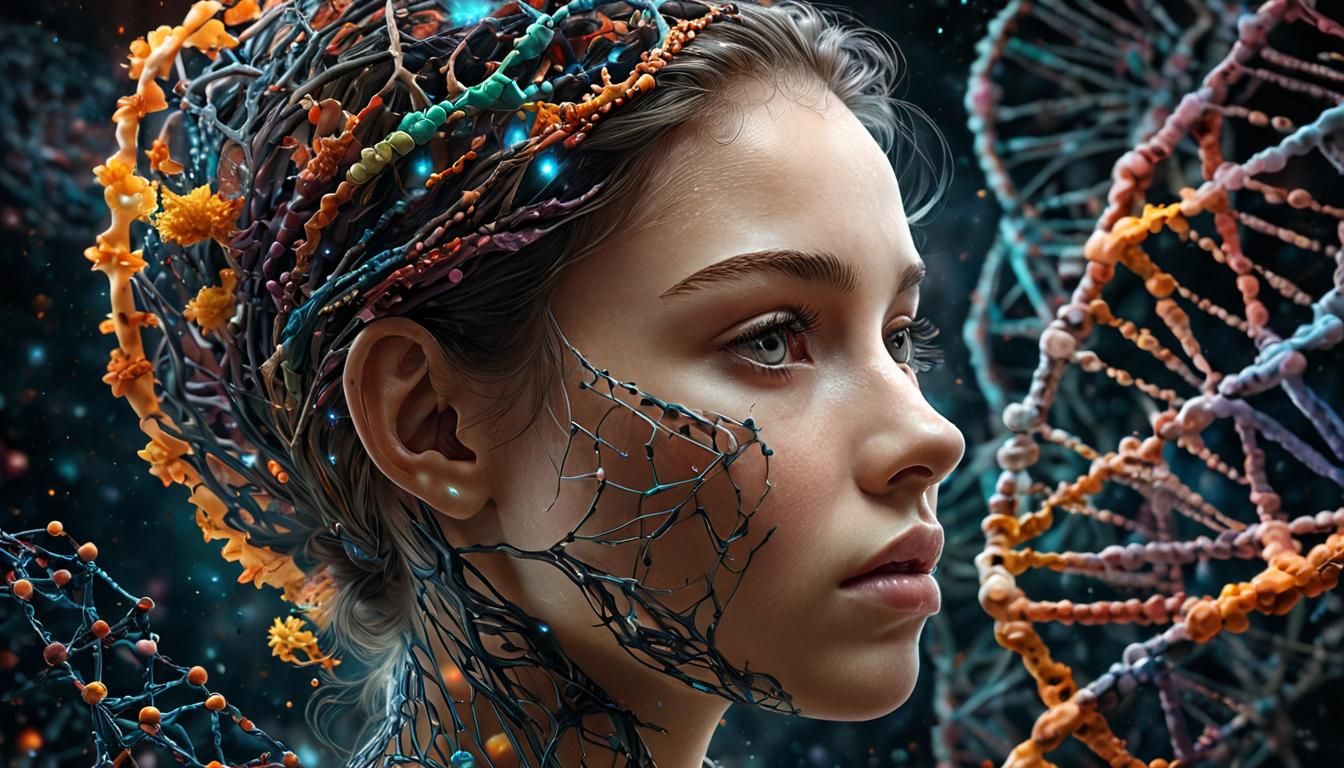 double-stranded DNA helix, intricate molecular structure, against a dark cosmic