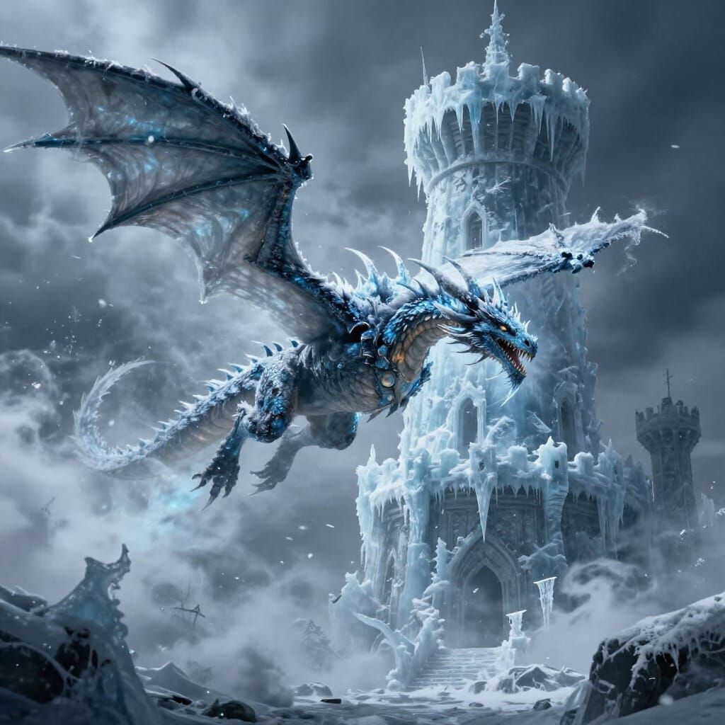 Majestic Icy Dragon Beside Frozen Tower in Epic Fantasy Styl...