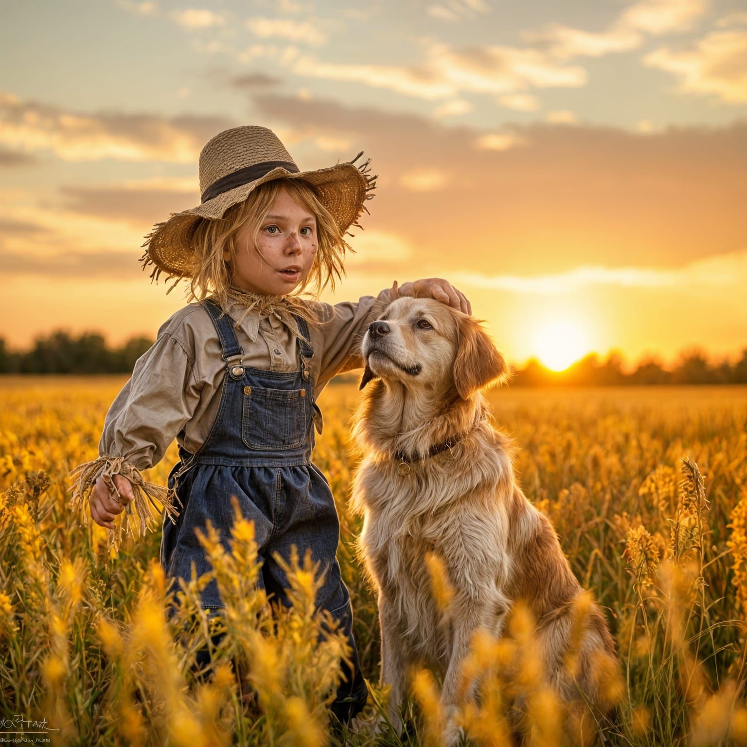 Scarecrow and Dog as Best Friends in a Field