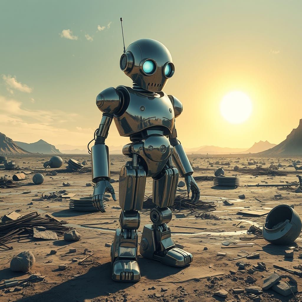 Chrome Robot Stands Vigilant in Ruined Landscape
