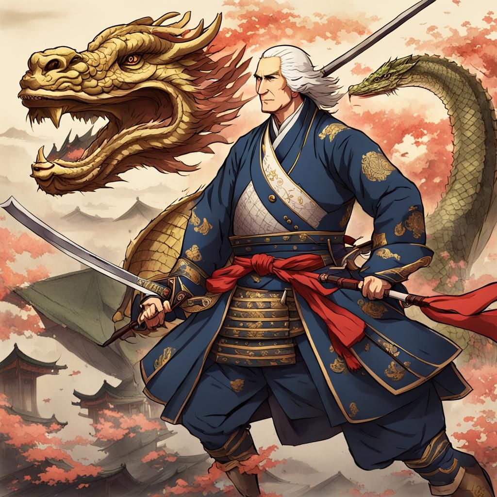 George Washington Samurai vs Chinese Dragon in Anime Style