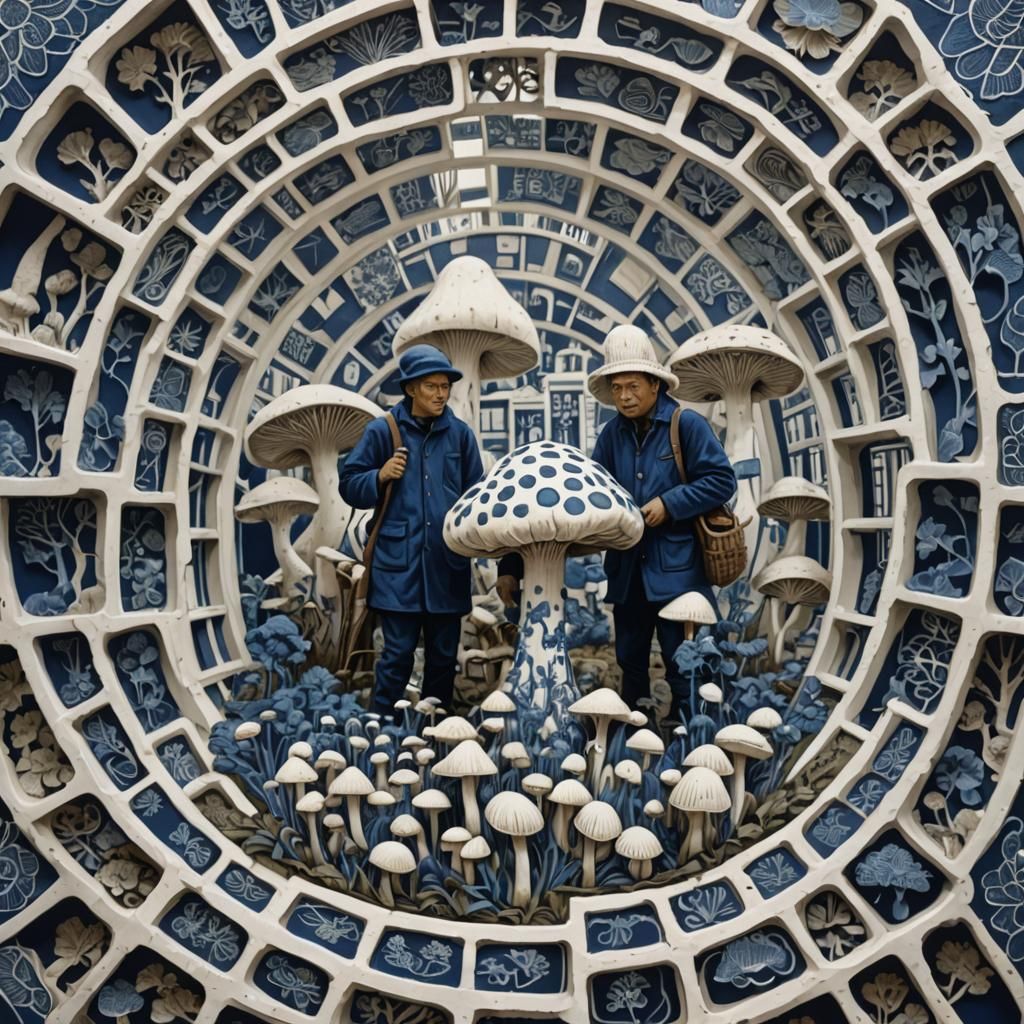 Surreal Indonesian Mushroom Farm in Linocut Style