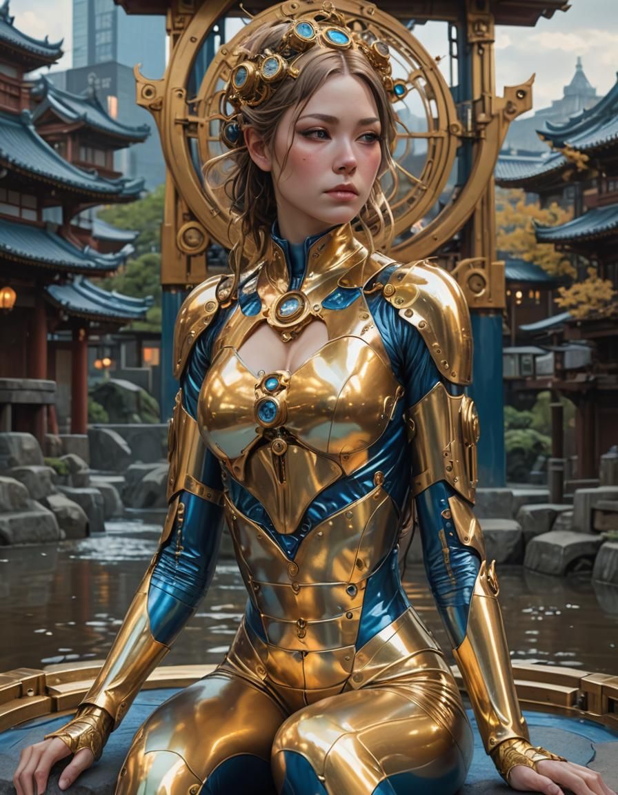 Woman in Steampunk City with Japanese Shrine