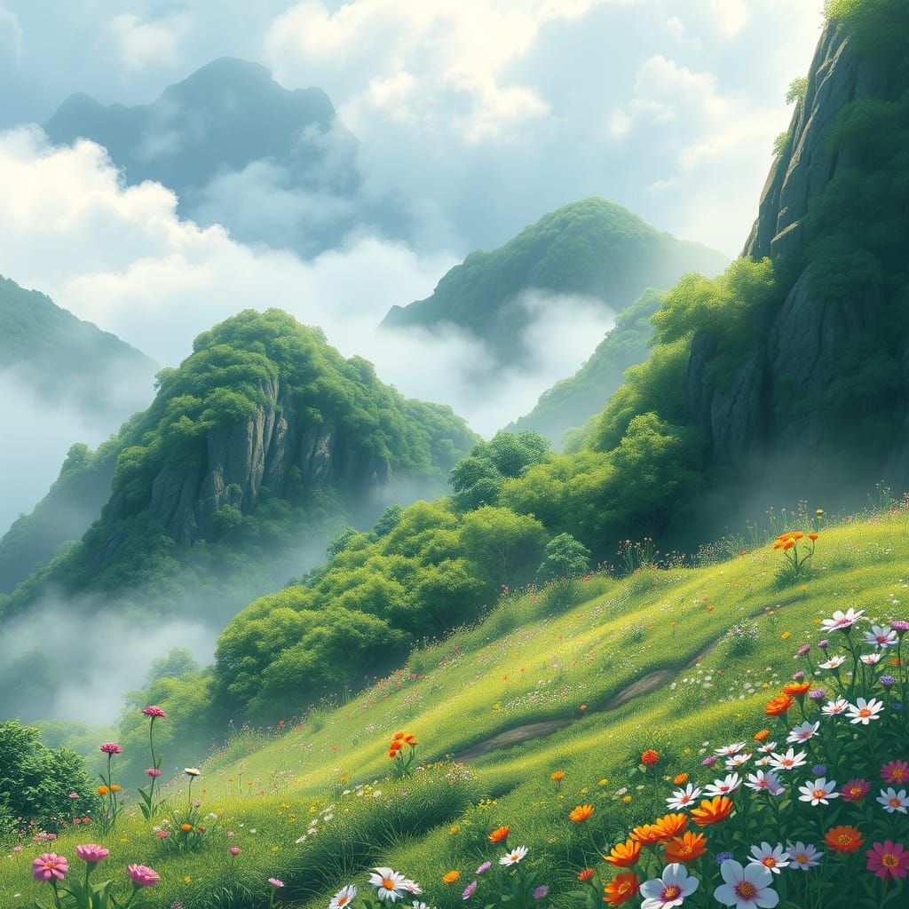 Whimsical Mountain Landscape in Vibrant Anime Style