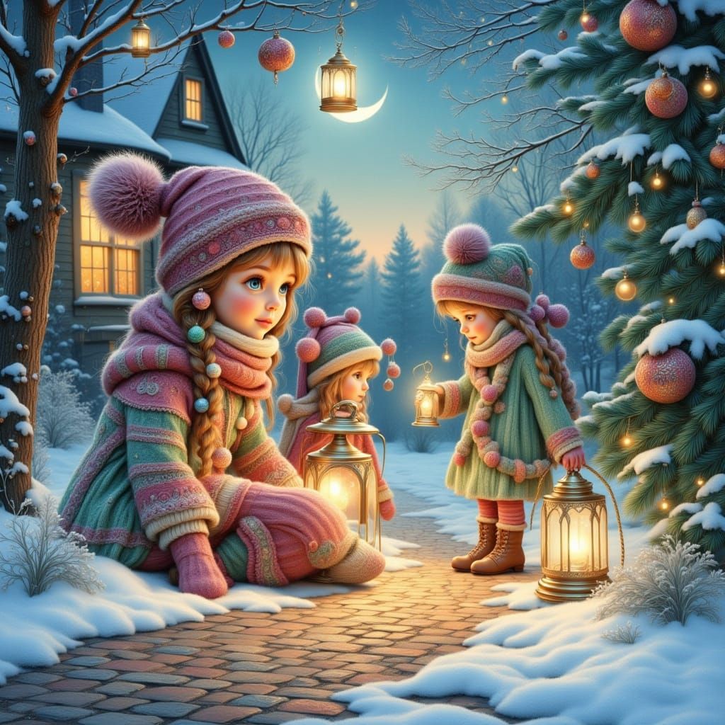 Children Illustrating Snowy Path with Holiday Lights