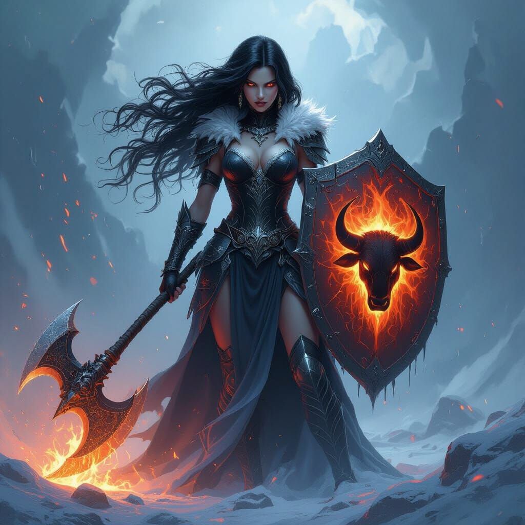 Ice and Fire Goddess with Battle Axe and Bull Shield