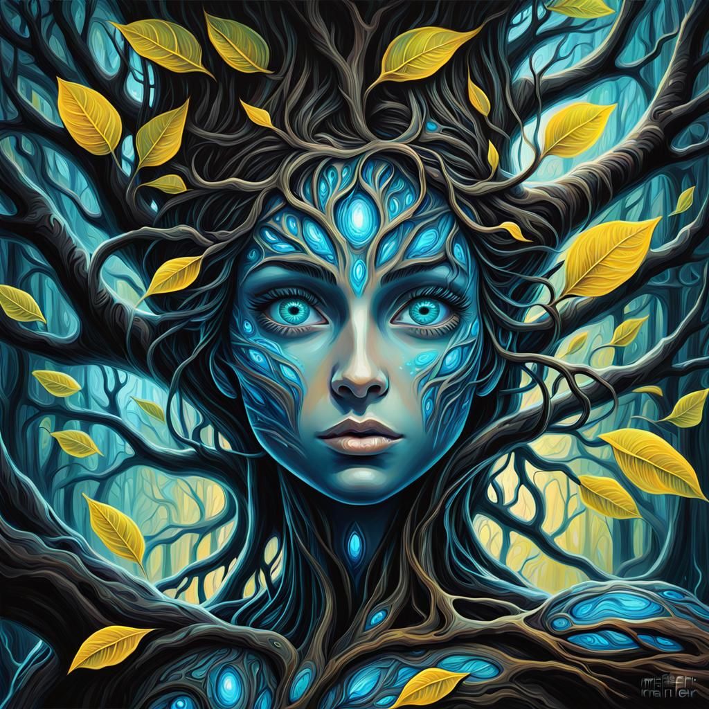 Bioluminescent Humanoid Tree: Fantasy Expressionism in Graff...
