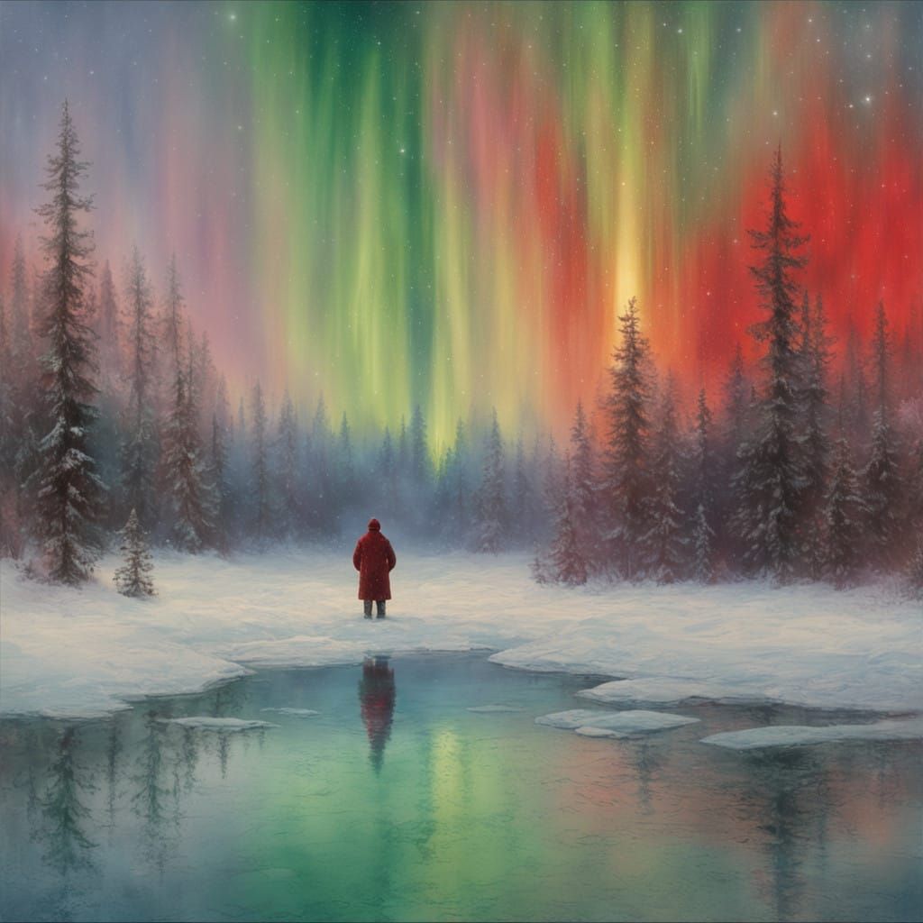 Aurora Borealis in Winter Landscape, Dreamlike Quality