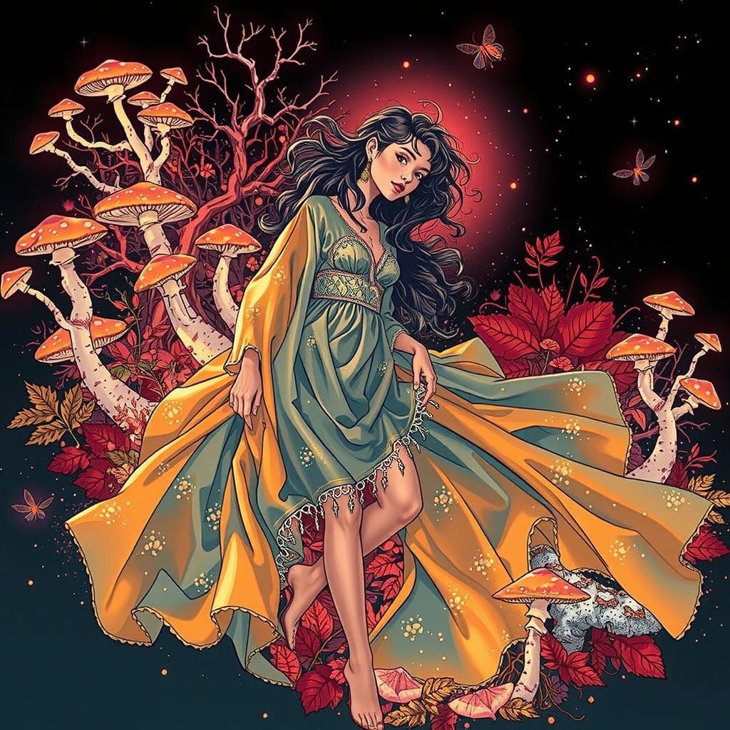 Ethereal Woman in Bioluminescent Forest at Midnight