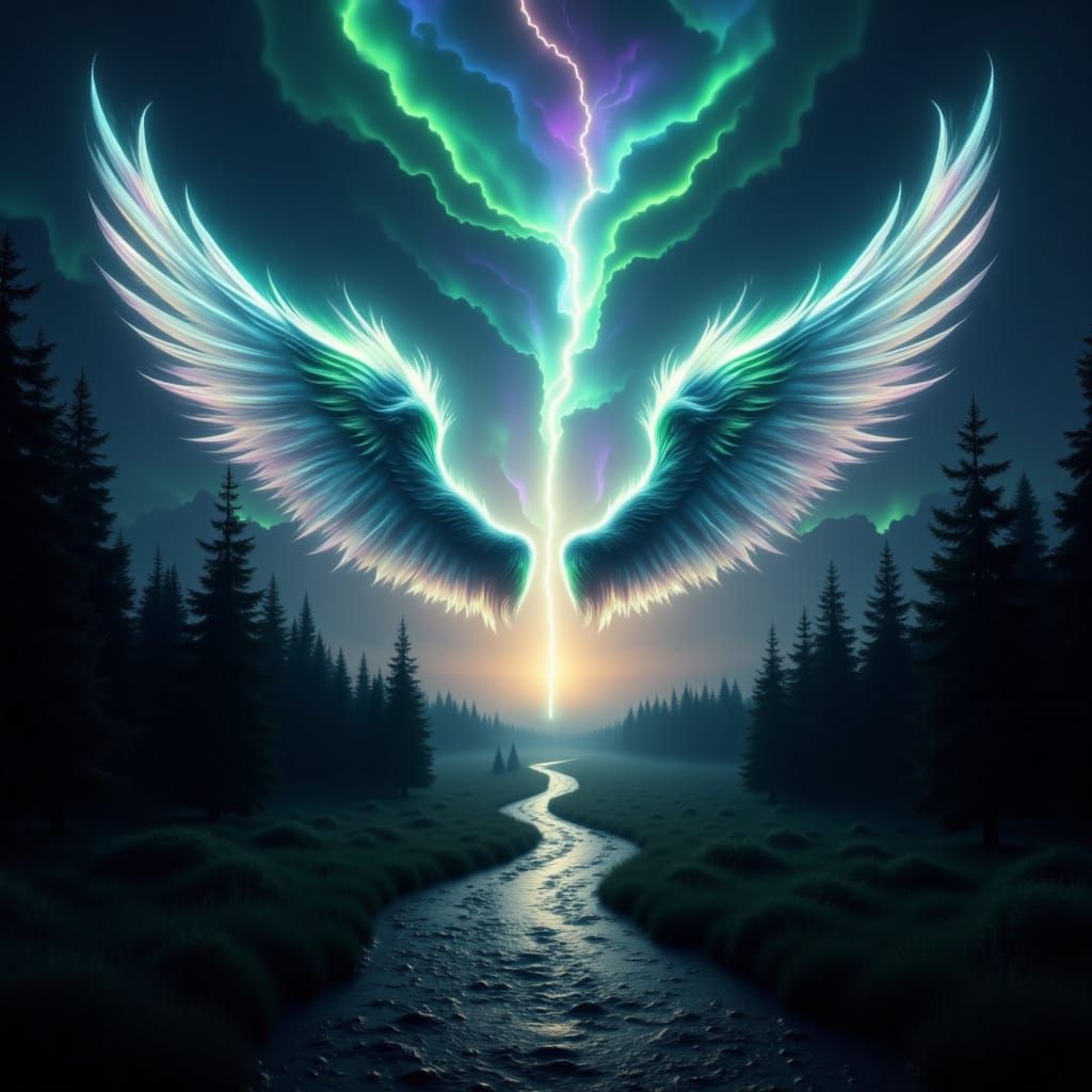 Surreal Forest Path Under Psychedelic Lightning Sky