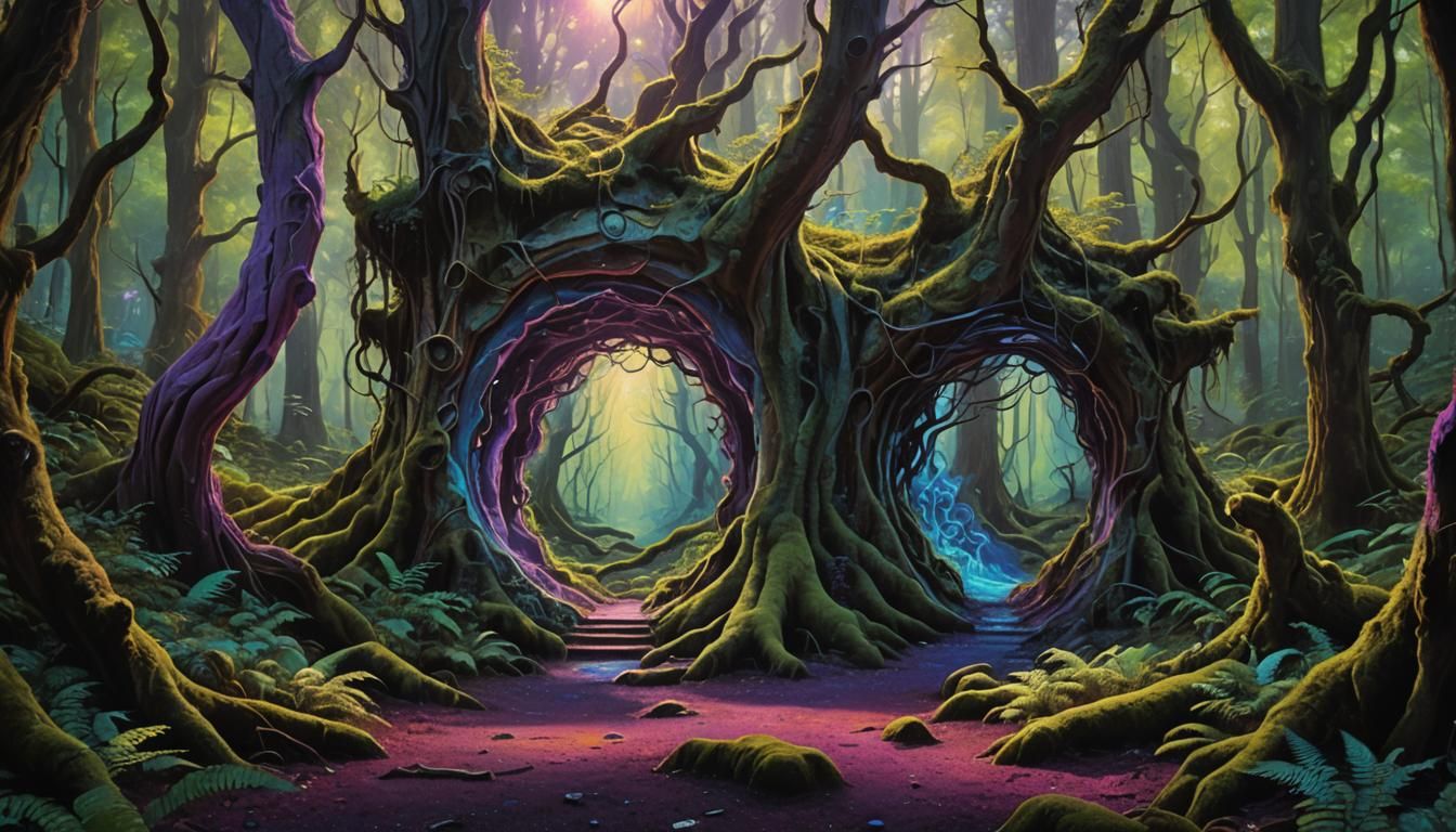 Glowing Portal in Forest, Surreal Oil Painting