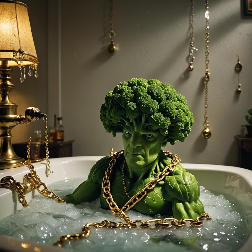 Broccoli Gangster in Bathtub, Comic Book Style
