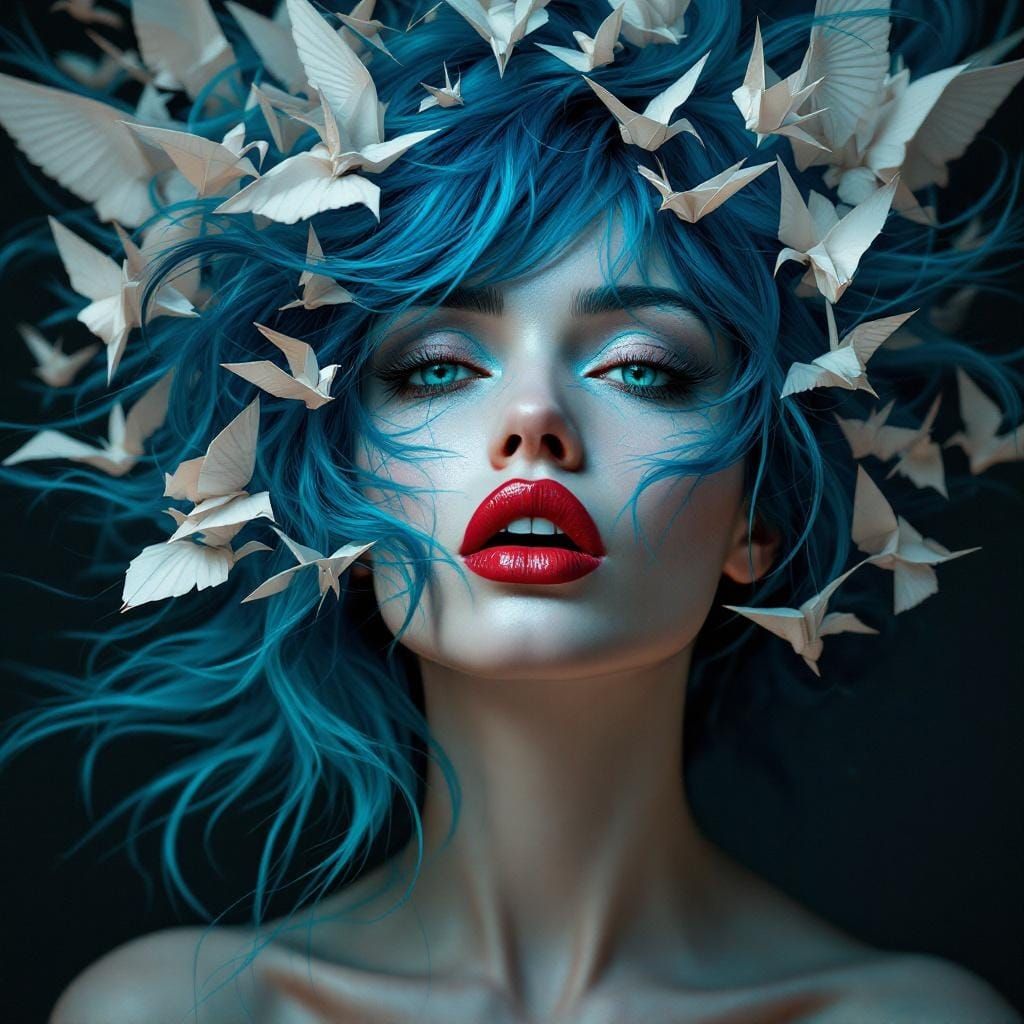 Woman with Origami Birds in Surreal Digital Art Style