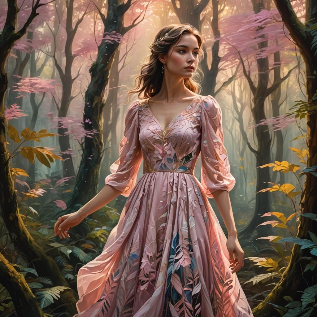 Model in Pink Dress in Mystical Forest