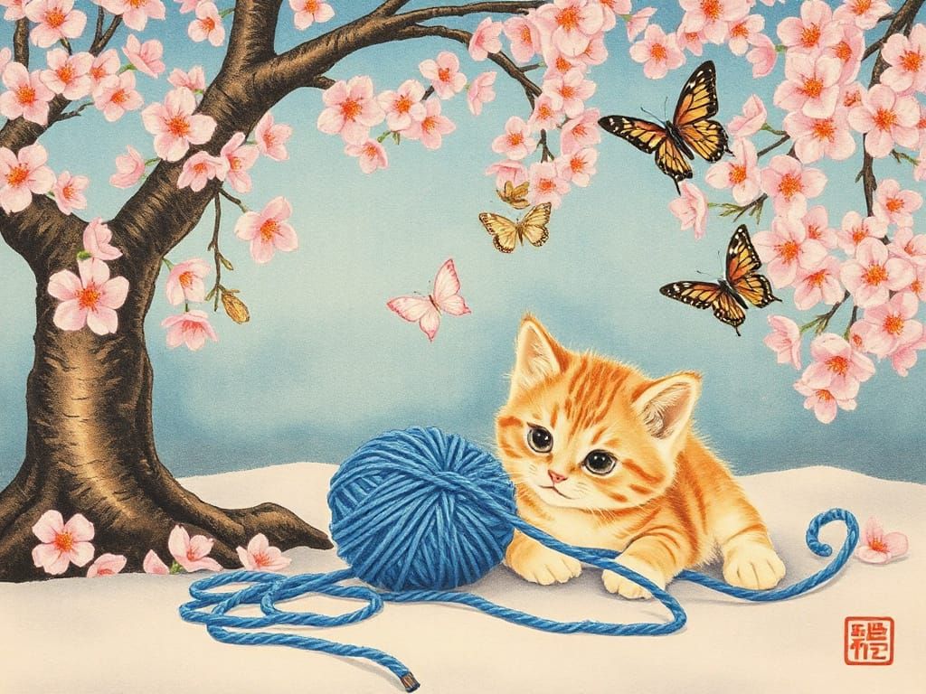 Ginger Kitten with Yarn: Sumi-e Style