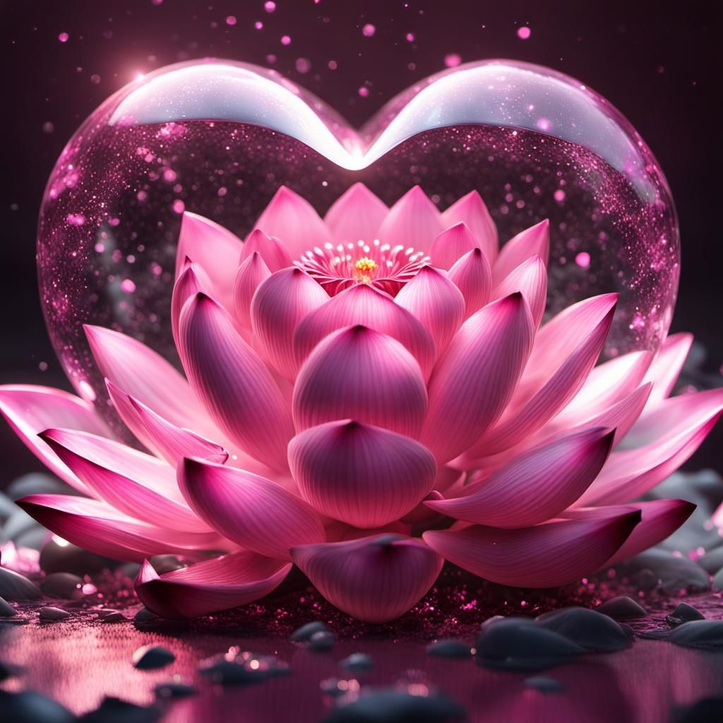 crystal heart with a beautiful pink lotus inside, chiaroscuro, glitter, sparks,
