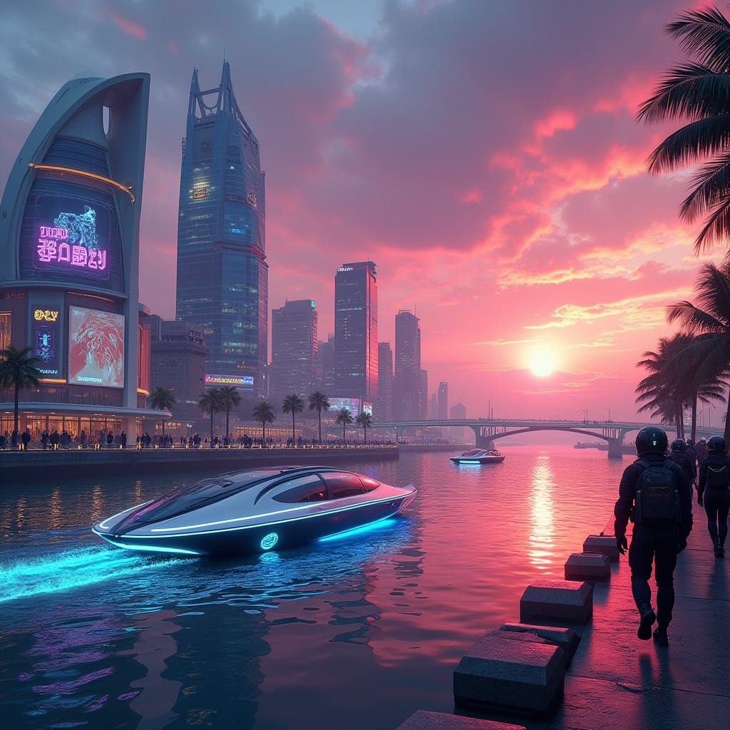 Breathtaking Futuristic Riverfront at Sunset in Vibrant Hues