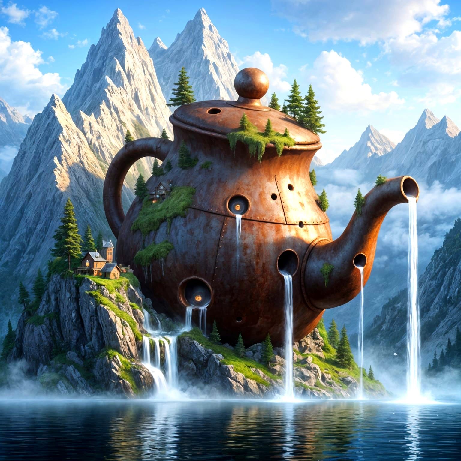 Giant Teapot Mountain Home with Waterfalls, Fantasy Art
