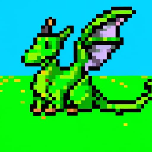 Green Dragon in Field, 64-bit Pixel Art