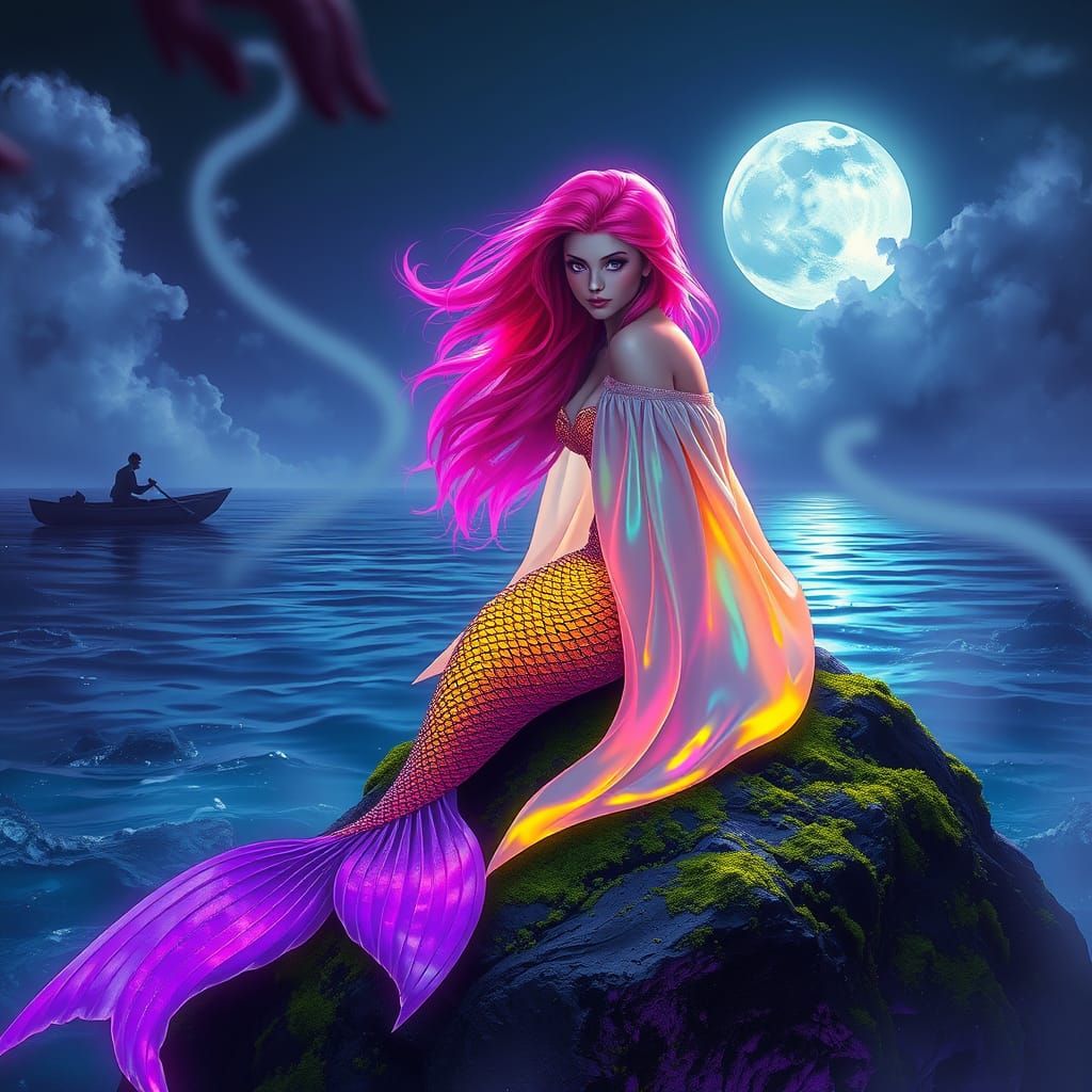 Cyber Mermaid on Moonlit Sea in Matte Painting Style