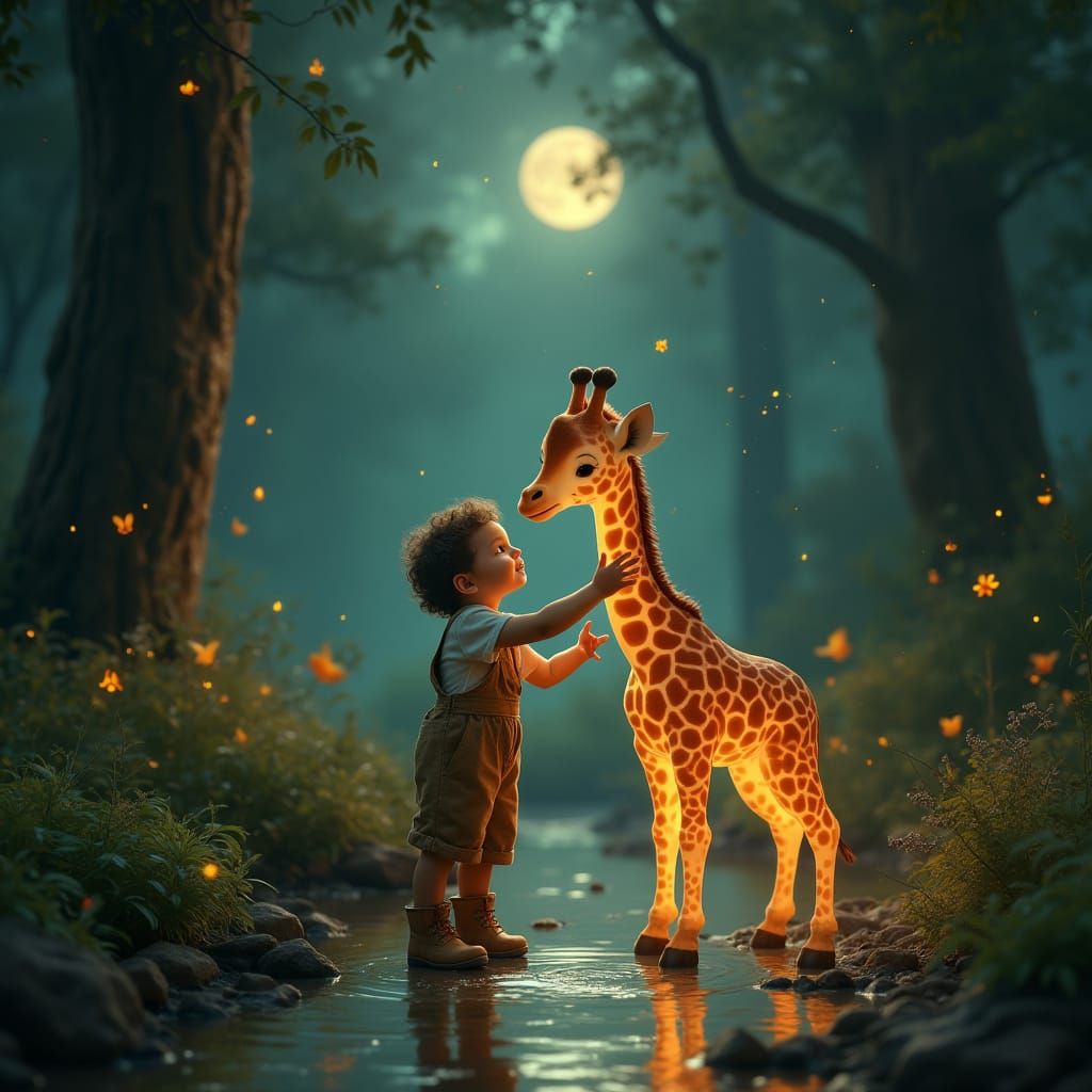 Whimsical Moonlit Forest Scene with Curious Child and Lumine...