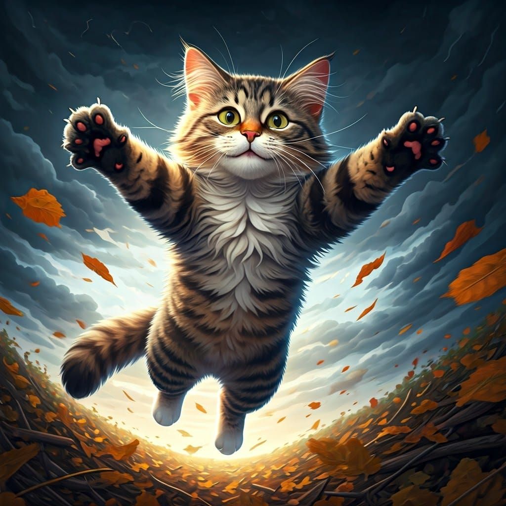 Joyful Tabby Cat Soaring Through Stormy Sky
