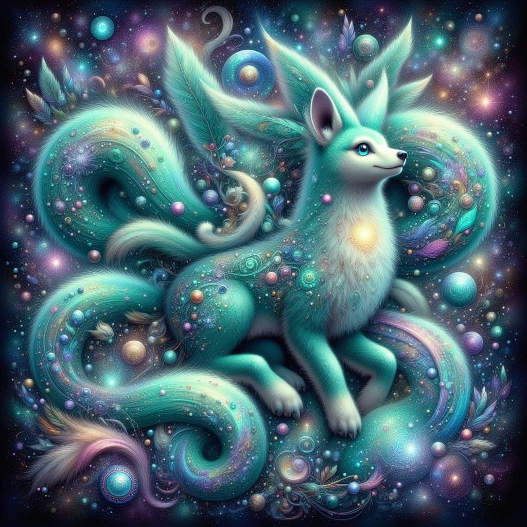 Aqua Green Kitsune in Crystallized Galaxy Mosaic