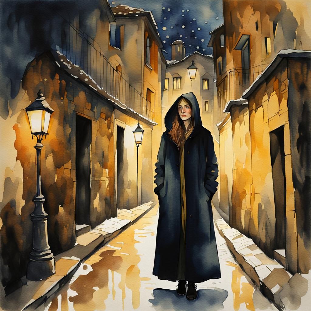 Woman in Alleyway: Klimt-Inspired Watercolor Portrait