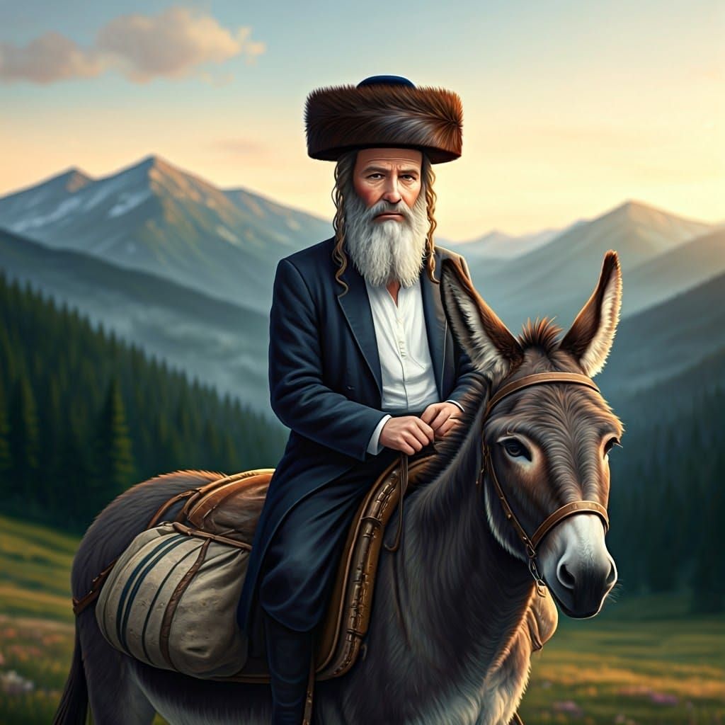 Traditional Hasidic Man Sits Regally on Weathered Donkey in...