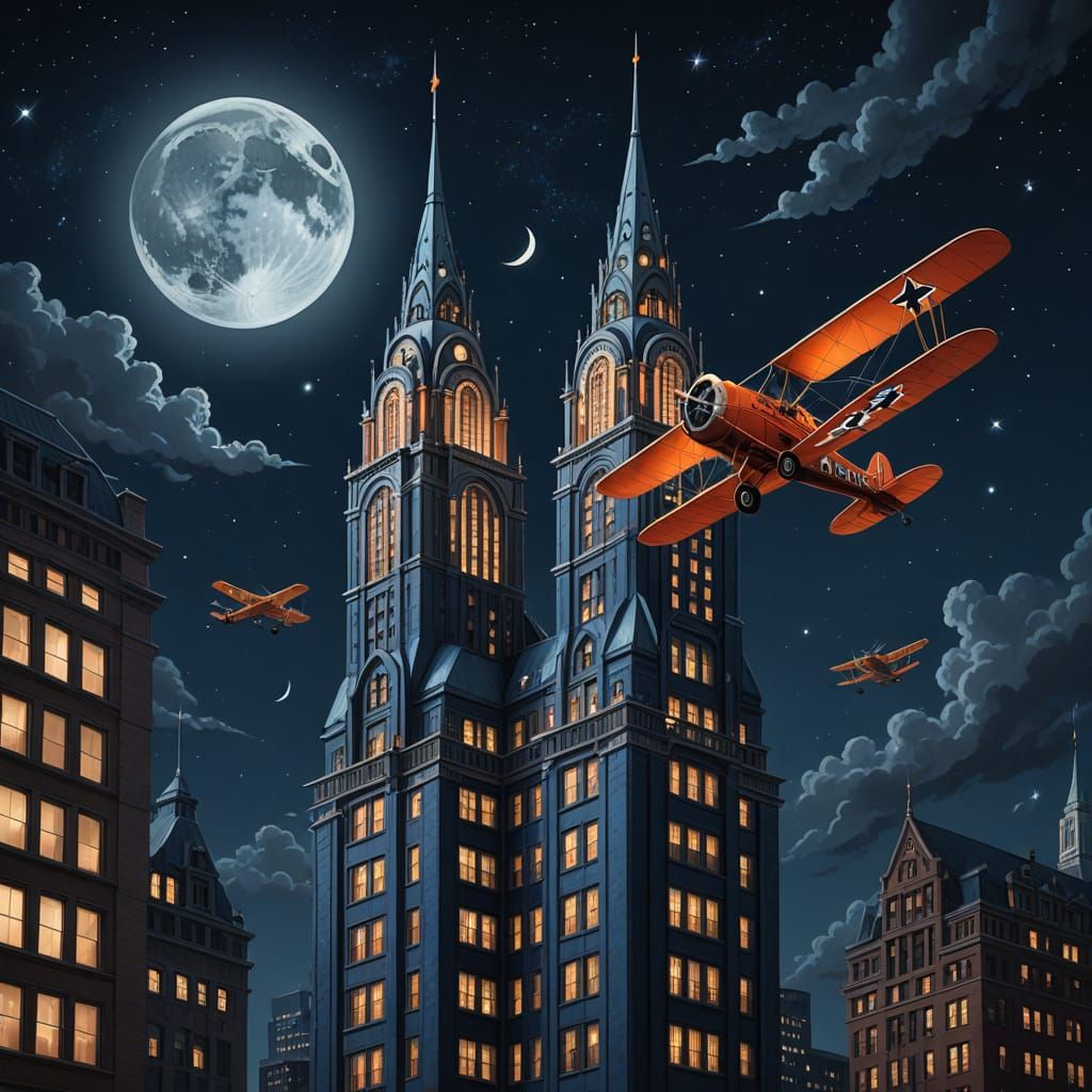 Chrysler Building at Night with Biplanes