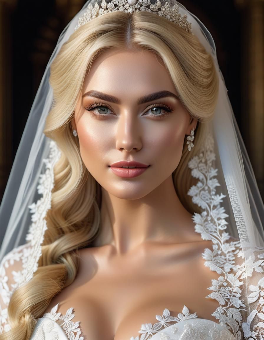 Blonde Woman in Lace Wedding Dress, Detailed Portrait