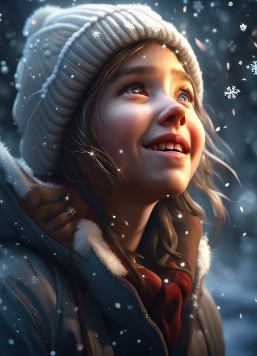Girl's Joyful Snowfall Portrait in Hyperrealistic Style