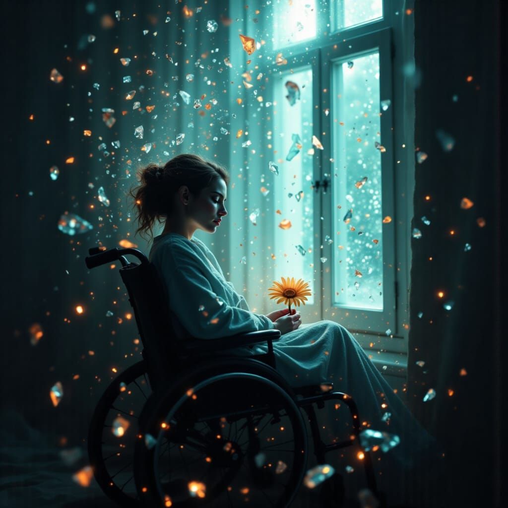 Crystalline Woman in Wheelchair: Surreal Cinematic Portrait