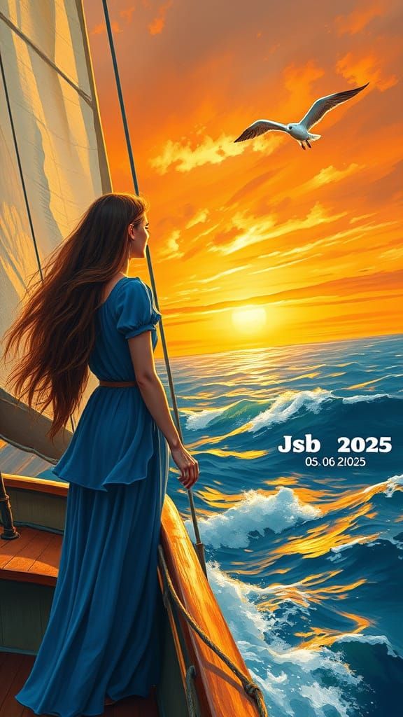 Woman on Sailing Ship at Sunset in Romantic Style