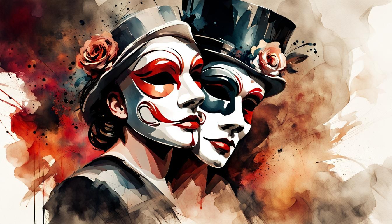 Comedy and Tragedy Masks in Watercolor Style