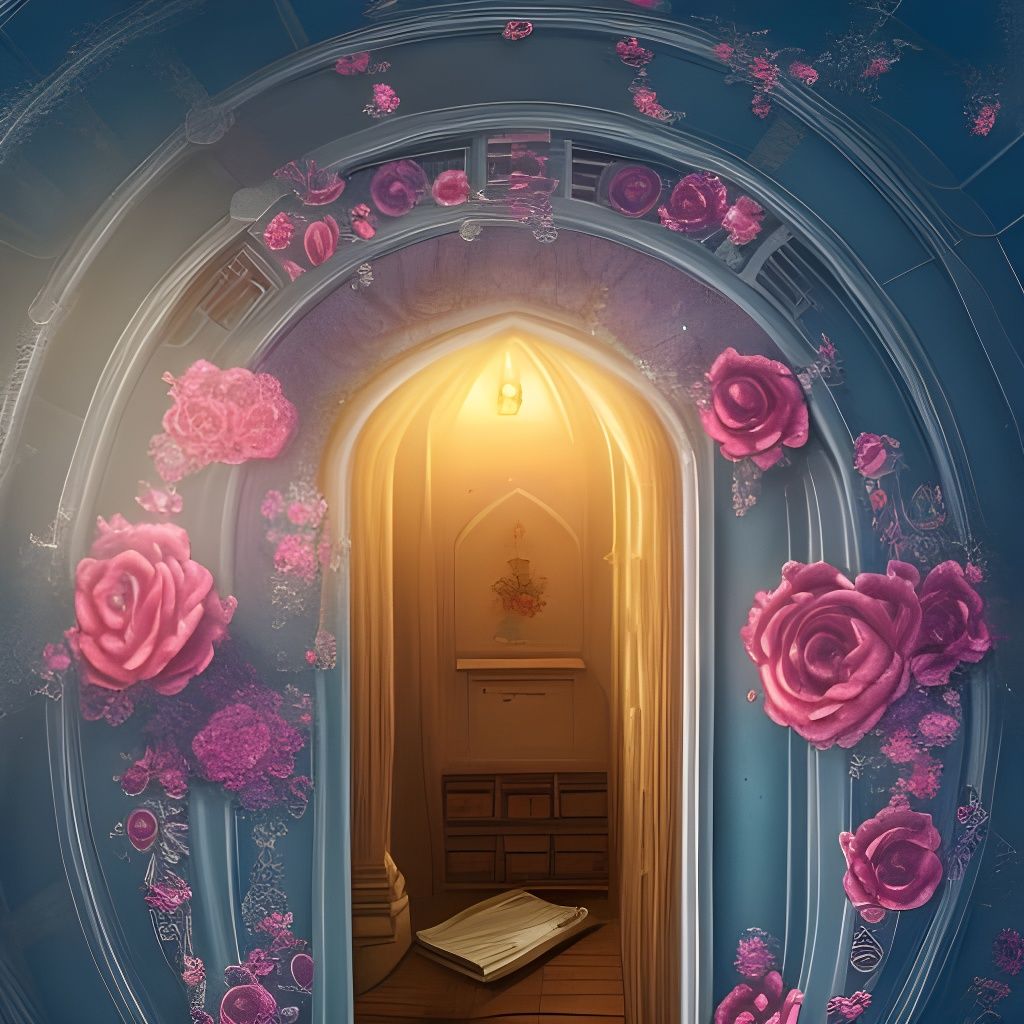 A victorian closet that is also a portal to a garden of roses